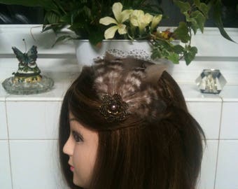 Headband shabby bronze,brown grey feather,metal flower, Larvkit beads/serre tete en plumes naturelles bronzes et marron, perles Labradorite