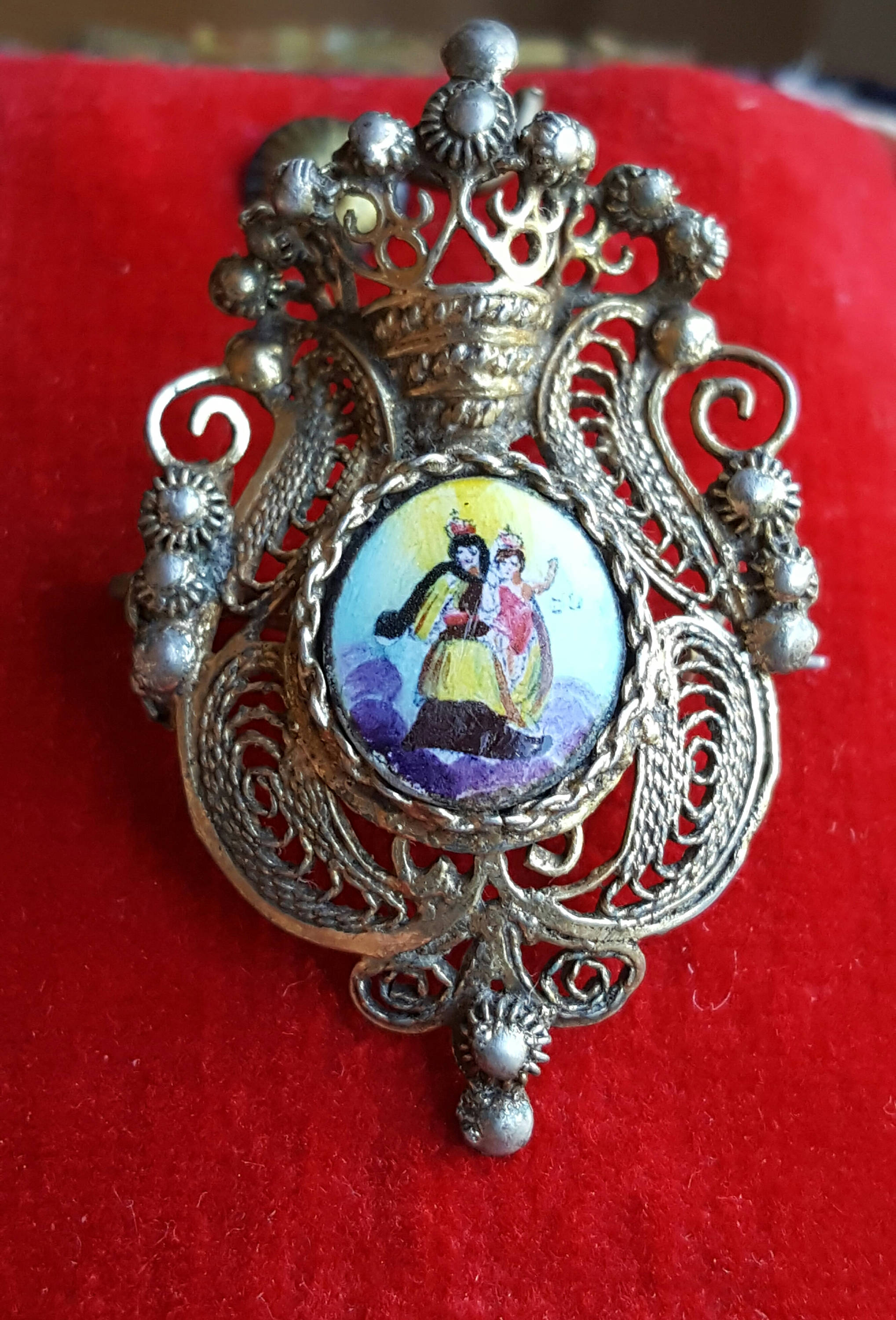 Antique Spanish Enamel and Filigree Blessed Mother Mary Alter