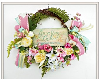 ON SALE Easter Wreath - Amazing Grace Wreath - Religious Easter Wreath - Religious Wreath - Religious Grapevine Wreath - Easter Gift - Sprin