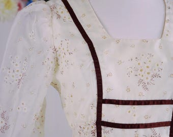 Vintage 1970s Boho Gunne Sax Style Daisy Maxi Dress Sheer Long Sleeves Tie Back Princess Bride 25" Waist Small XS Textured Fabric