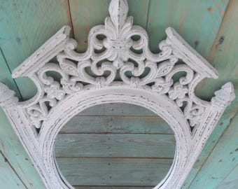 Vintage Shabby Chic Rustic Syroco Mirror Ornate Painted Antique White Distressed