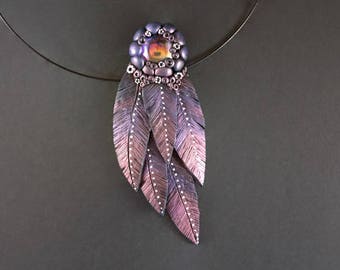 Purple feather pendant Fantasy jewelry Fantasy pendant Handmade feather pendant necklace Whimsical pendant Polymer clay feather pendant