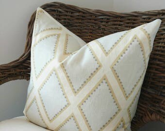 Designer pillow, Sarah Richardson pillow cover, green teal diamond pillow cover, Brookehaven Celadon, Sarah Richardson Cottage pillow cover
