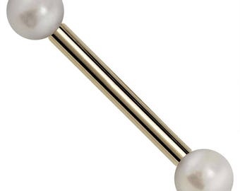 Cultured Pearl 14k Yellow Gold Straight Barbell Nipple Tongue Ring