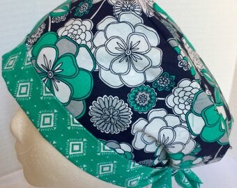 Scrub hat, Scrub cap for Women, Scrub hat, Scrub Hat for Women, Pixie scrub hat, Navy Blue and Pool green Flower Scrub hat, Pixie scrub cap