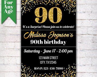 90th Birthday Invitation, Birthday Party Invite, Printable Adult Invitation, Glitter Gold and Black, Any Age, Men or Women Party - I001