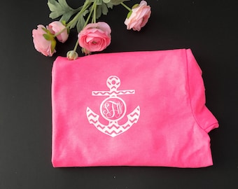 Monogrammed chevron anchor tee , Cruise shirt , Monogrammed womens shirt , anchor monogram tee , custom shirt for beach , left chest monogra