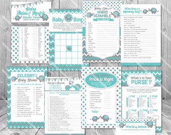 Elephant Baby Shower Games Blue, Teal Blue Elephant Baby Shower Game Ideas, Printable Baby Shower Game Pack, Blue and Gray Baby Shower Games