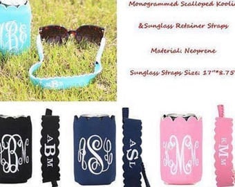 Can cooler and sunglass strap, sunglass strapa and can cooler set, scalloped edge can cooler, gift sets, personalized gifts, monogrammed
