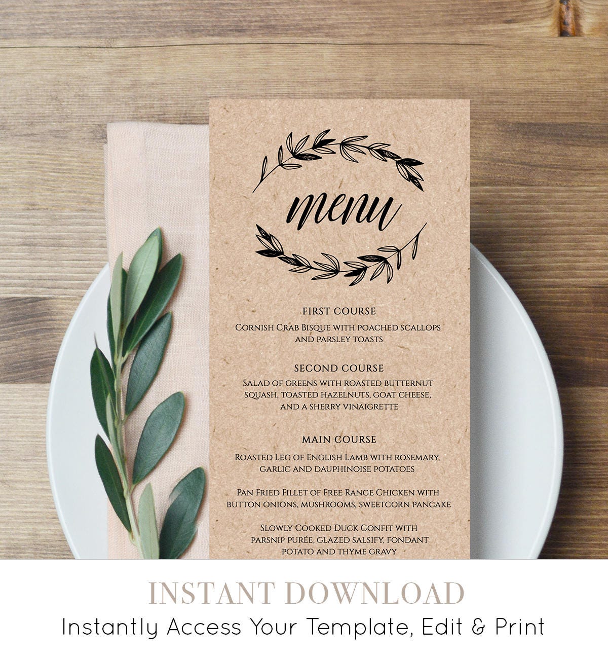 Rustic Wedding Menu Template Printable Menu Card Editable Template 