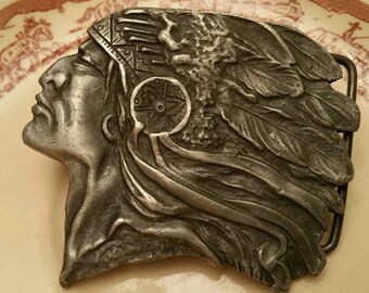 Vintage "Indiana Metal Craft, Bloomington" Pewter Indian Head Belt Buckle