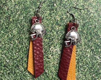 Gameday maroon and gold leather earrings, football maroon and gold earrings, football helmet earrings