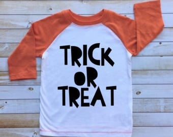 Trick or Treat shirt, boy halloween shirt, toddler raglan, todder baseball tee