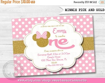 50% OFF SALE Pink and Gold Minnie Mouse Birthday Party Invitation, 1st Birthday, Gold Glitter, Polka Dot invite, Girl, Printable Invitation,