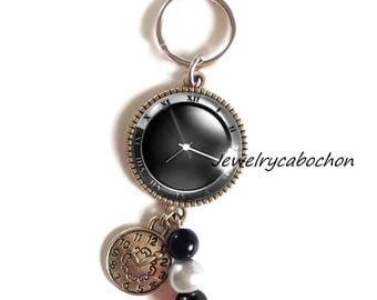 Keychain, Cabochon Clock Watch, Glass, pearl, black Color, Jewelry Bag