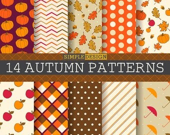 Fall Digital Paper, Autumn Digital Paper, Autumn Paper Pack, Autumn Leaves Paper, Autumn Patterns, Fall patterns,Chevron, Leaves, Pumpkins.
