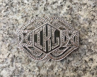Art Deco sterling silver and marcasite hardstone brooch