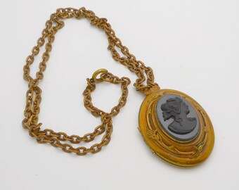 Victorian Revival Black Glass Cameo Locket Necklace