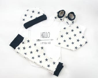 Baby coming home outfit,Hello newborn onesie,new to the world,white and dark blue stars,newborn clothes set,newborn coming home outfit
