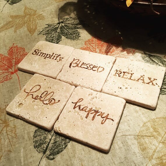 Set of Five 5 Drink Coasters with Words Rustic Stone Style