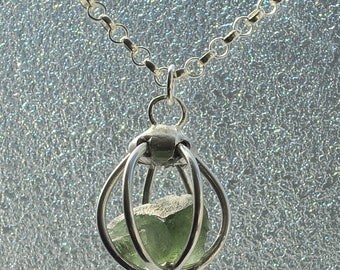 Moldavite pendant silver sterling round cage