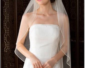 White Wedding Veil with Crystals, Elbow Length with Rhinestone Edge Trim , Soft Lace Veil With Comb & Rhinestones, White Tulle Veil, Veil