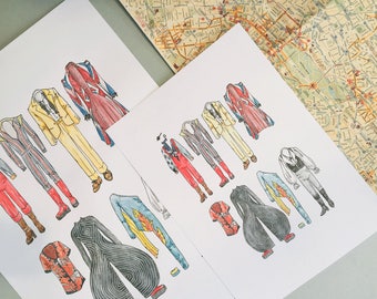 A4 A5 DAVID BOWIE Art Print in Colour / Black and White Line Drawing Poster Watercolour iconic clothes / outfits / hand drawn ziggy stardust