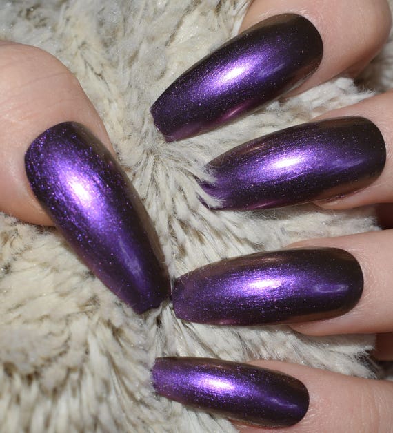 Duo Chrome Purple Gold Fake Nails, Long Coffin False Nails ...