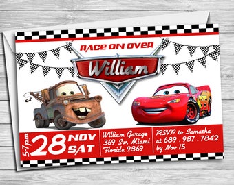 Cars Birthday Invitation, Mater and Lightning McQueen Birthday Invitations, Cars Invitation, Checkered Car Invitation, Printable | MCA_02