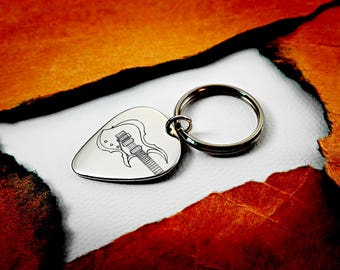 Can be personalized, Electric Guitar Keychain, Engraved Silver Guitar Pick, Engraveable Guitar Pick Pendant, Best Friend Guitar Keychain