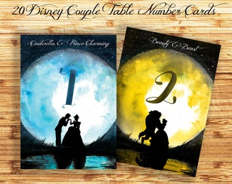 Disney Wedding Table Numbers , Disney Table Number Card, Disney Princess Wedding Cards, Disney Couple Silhouette Wedding Printables