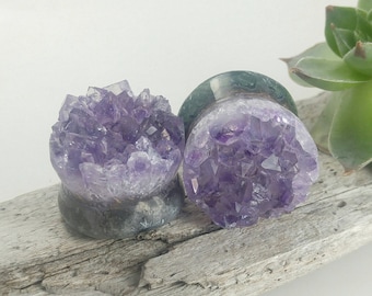 Raw Amethyst 3/4" plugs, amethyst plugs, 19mm druzy plugs, raw amethyst stone plugs, 19mm natural amethyst plugs, raw amethyst druzy plugs