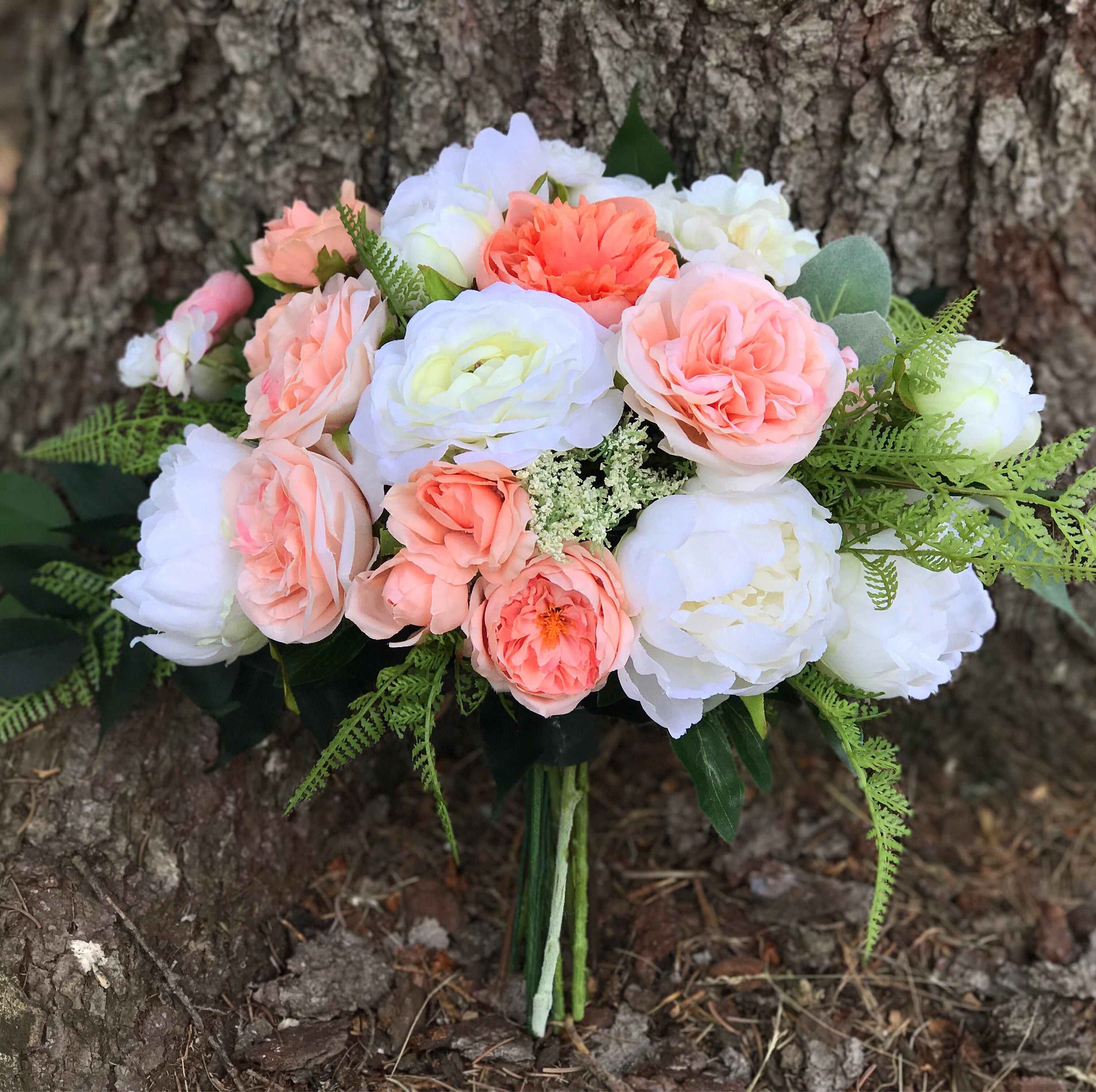 Blush Salmon & White Boho Garden Style Bridal Bouquet Pink