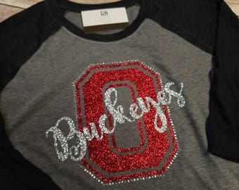 Ohio Buckeyes 3/4 sleeve raglan shirt with glitter and rhinestones. You choose colors. Any letter, any mascot name!