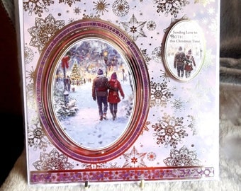 Merry Christmas & A Happy New Year Card, Couple walking in snow, Happy Holiday Happy New Year Card, 3d layered card, size 8" by 8"