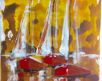 Table, white sails, red shells, ochre sky