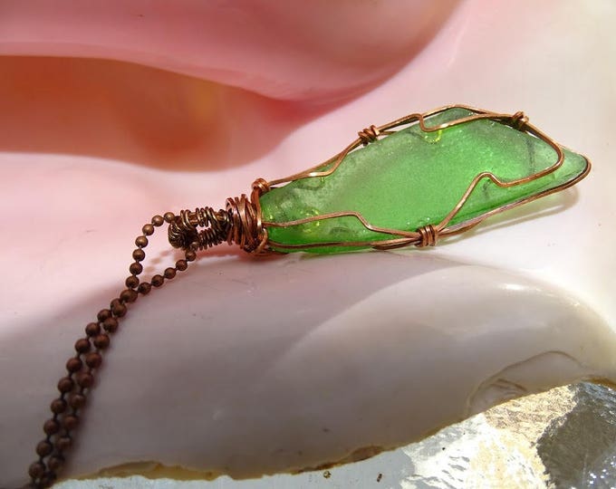 Large Green Authentic Lake Michigan Beach Glass - Wire Wrapped copper wire - For Her - Beautiful Necklace