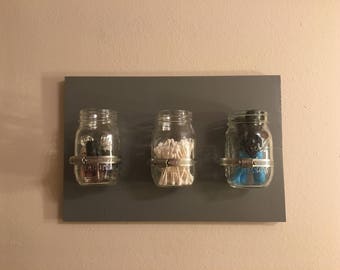 Mason Jar Organizer, Mason jar wall decor, hanging Mason jars, Mason jar storage, Mason jar decor, bathroom wall decor, bathroom storage