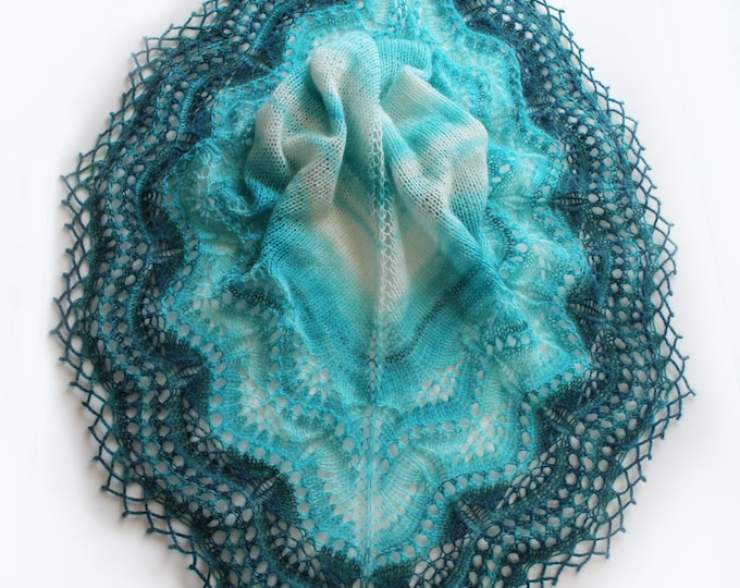 Knitted scarf shawl, knit shawl, knitted shawl, white turquoise shawl , knitted scarf, knit scarf, delicate shawl, crochet shawl