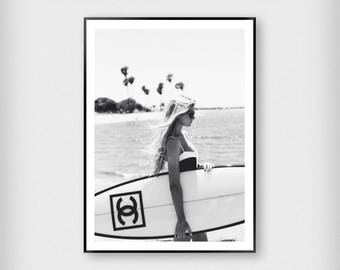 Chanel Surfboard Girl Print | Fashion | Black and White | Photography - Model - Poster