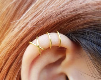 22k gold Set of 2 Ear Cuffs, Ear Cuff, No Piercing Earcuff,Double Ear Cuff and Criss Cross Ear Cuff,Cartilage,Simple Ear Cuff,Fake Cartilage