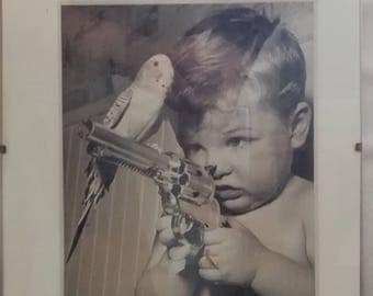 Vintage antiquite Original Photagraph (NOT A Comptuer print) ayuentikal photo original small child with pistol and a parrot