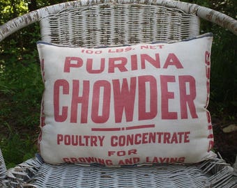 Vintage Feed Sack Pillow - Grain Sack - Purina - Red Ticking Fabric