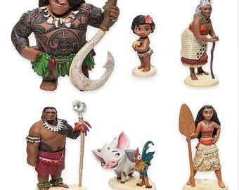Moana 6pc cake topper action figures Hawaii birthday party Moana figure Hei Hei Pua Maui Grandma Tala Cheif tui Moana Party cake toppers