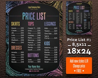 Price List, 18x24 poster 8,5x11, Home Office Approved Font & Color, Sign for lularoe retailer, LLR consultant, marketing, LLR Price List 1