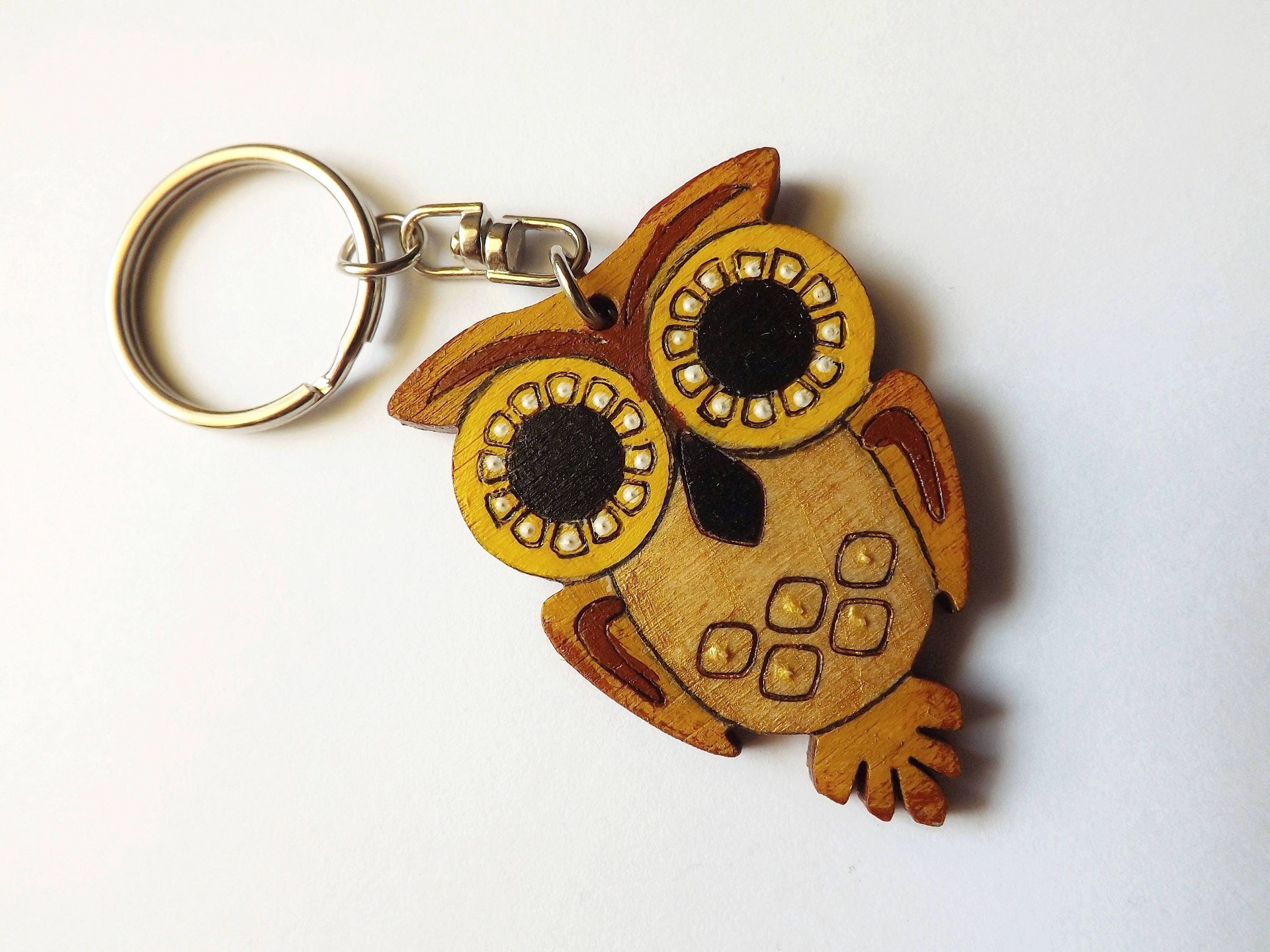 Wood Keychain Owl Big Eyes In Ocher Hand Painted Laser Cut Wooden Wood Keychain Owl Big Eyes In Ocher Hand Painted Laser Cut Wooden