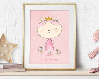 Girl Nursery, Nursery Prints, Nursery Cat Decor, Little Princess, Nursery Pink Decor, Baby Girl Gift, Pink Wall Art, New baby, Cute, Giclee