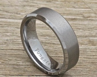 Men's Tungsten Wedding Band, 7mm Comfort Fit Beveled Edge Ring
