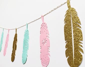 Pink Mint and Gold Feather Garland | Boho Garland | Feather Banner | Boho Bunting Banner | Tribal Baby Shower Decorations | Bohemian Banner