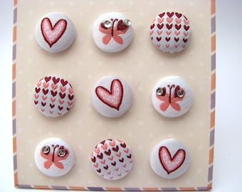 Buttons - brads - tissue - fabric - hearts - butterfly - set of 9 buttons brads